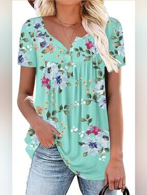 Floral Aqua Short Sleeve Baby Doll Tunic Top